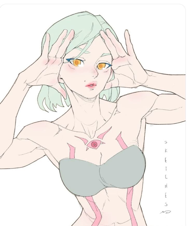 a drawing of a girl with green hair, drawn in the anime style.  she is wearing a bra and has a tattoo of an eye with a few pink lines on her chest. she is holding her hands up near her face as though she is trying to shield her eyes from something.