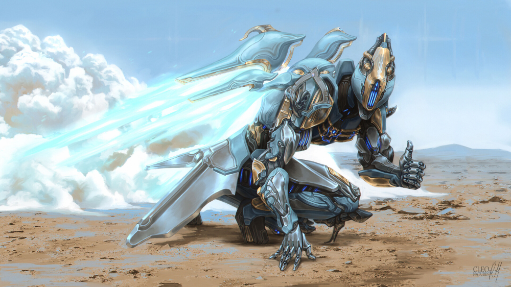 a metallic, angelic being kneels on a dry lakebed beneath a partlycloudy sky. it's mostly silver with gold accents and cyan energy flowing through its wings. the being is giving a thumbsup sign with its right hand.  its design evokes a blend of advanced technology and celestial imagery.