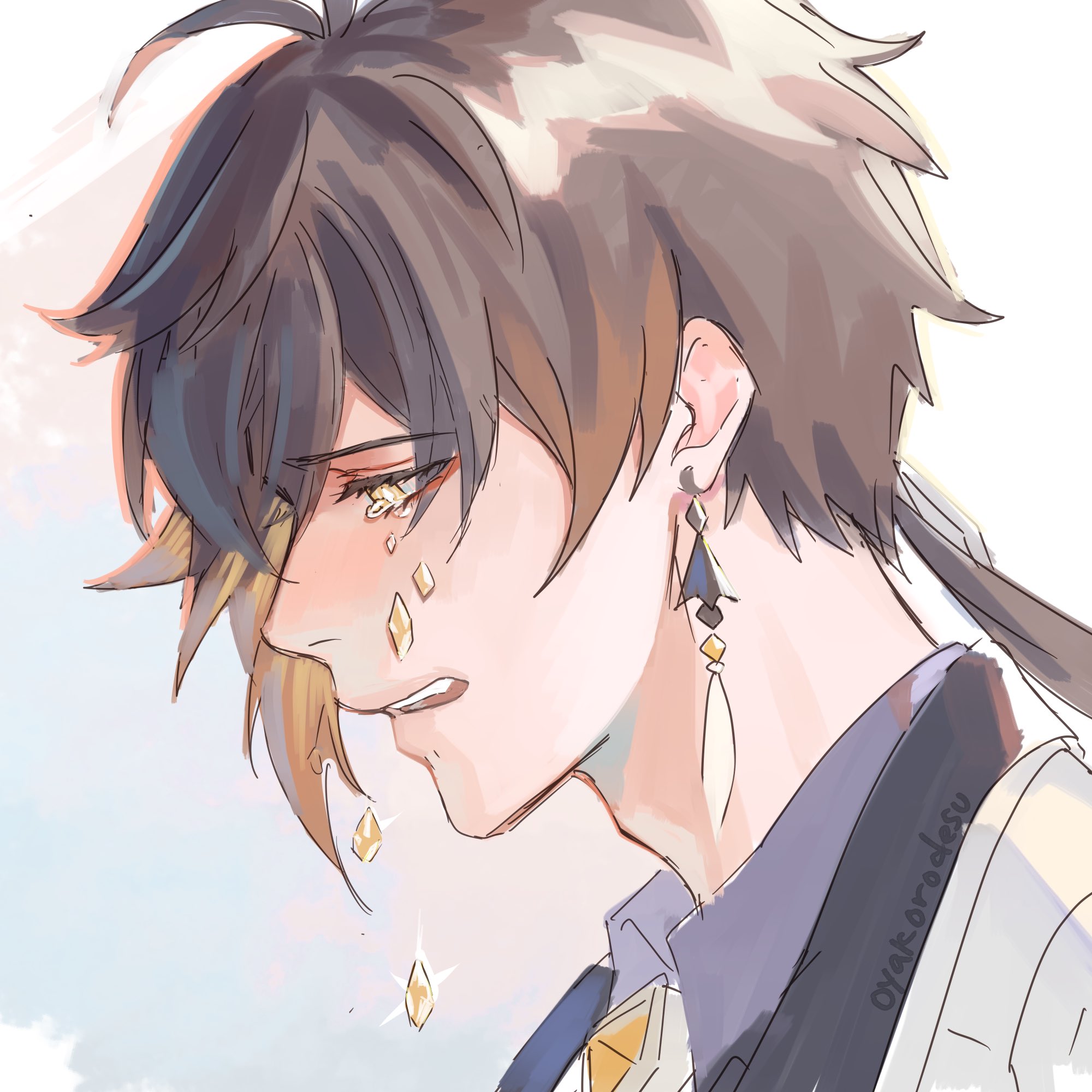 a digital illustration of a sad, crying anime boy. the boy has long, black and brown hair and blue eyes. he is wearing a white shirt with a dark tie, and he has a gold earring in his left ear. tears are coming from his eyes, and they look like gold sparkles.