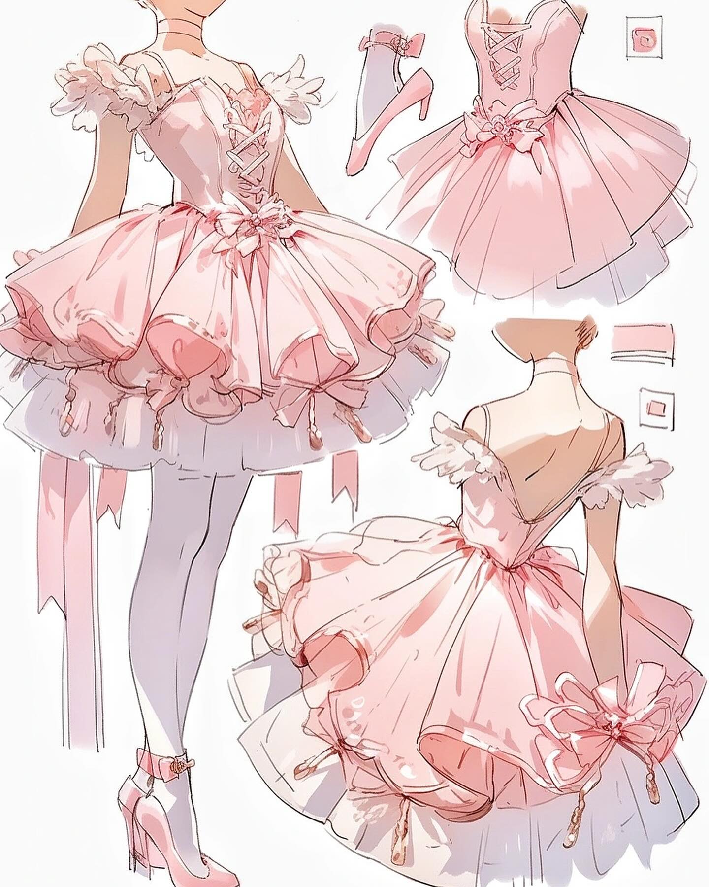 the image is a detailed fashion illustration or concept art showcasing different views of a pink, frilly, tutustyle dress.  the dress has layers of ruffles, bows, and lacelike details. the illustration includes three main perspectives of the dress: a front view on a female anime character, a back view on another anime character (only upper body visible), and a separate closeup view of the dress. the anime character features also show the dress styled with pink high heels and the character in lightcolored stockings.  the overall style is very cute, elegant, and feminine, characteristic of anime and manga fashion design.  there are additional smaller sketches of shoes and fabric swatches. the style of drawing is light and airy, with a focus on texture and detail.
