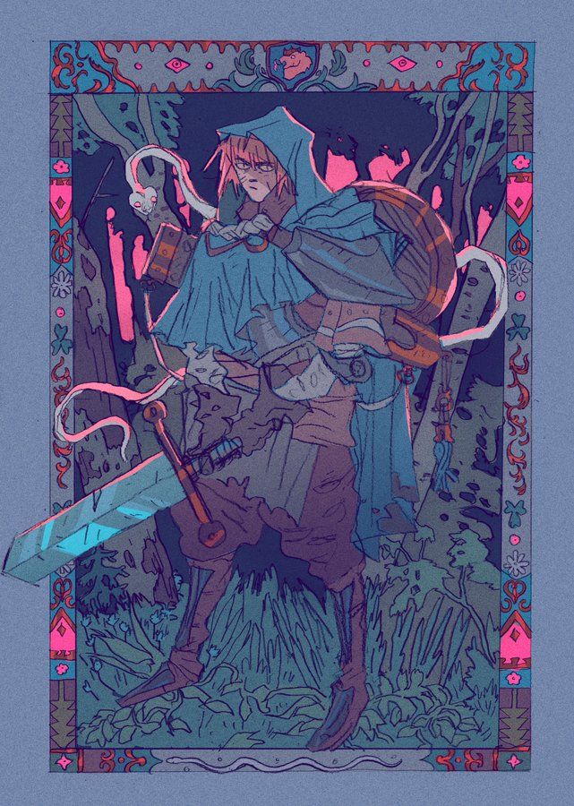 he image is a digital painting or illustration of a fantasy character, seemingly female, dressed in a hooded cloak and armor. she carries a large sword and is surrounded by a mystical forest environment. the style is reminiscent of medieval tapestries or illuminated manuscripts, with an ornate frame and vibrant, slightly muted colors. the overall mood is mysterious and peaceful, with a hint of adventure and whimsy. the character’s expression is somewhat stoic, and the details are rich and elaborate, enhancing the fantasy setting. the background features lush vegetation, trees, and possibly some magical creatures or elements. the artwork is highly stylized and shows a masterful blend of digital painting techniques.