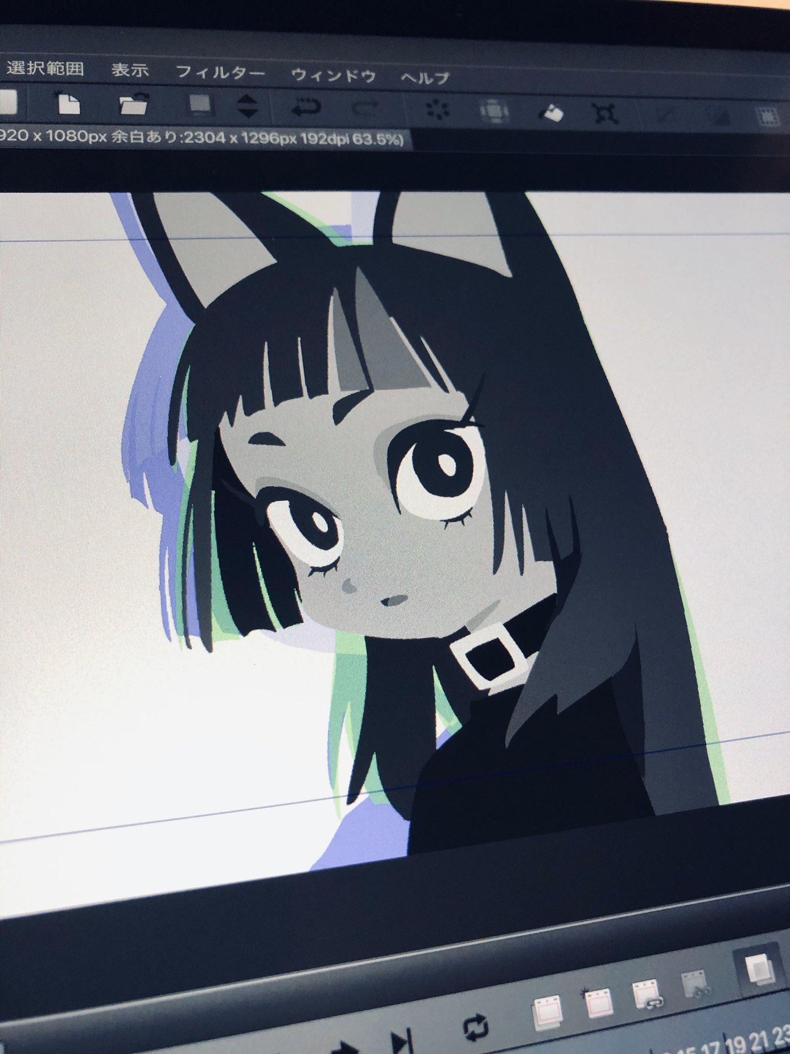 the image shows a digital illustration of a cat girl displayed on a computer screen. the illustration is in grayscale with hints of green and purple, and features a young woman with cat ears, large eyes, and a choker. the interface of the drawing software is visible, showing tools and file information.