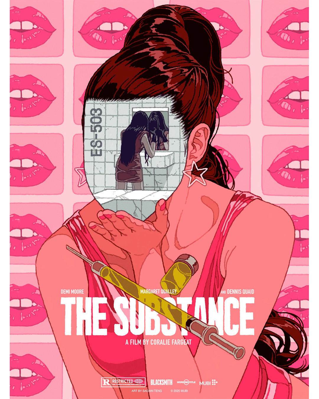 a movie poster for "the substance," featuring a woman with her face replaced by a scene of herself looking in a mirror. a syringe and vial are positioned in the foreground, obscuring the title. the background is filled with repeated images of pink lips. the poster highlights themes of identity, substance abuse, and possibly selfperception.