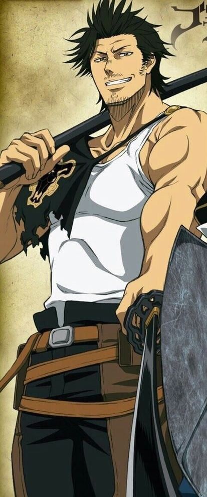 this is an image of a male character from the anime series "black clover," named yuno. he is a young man with black hair and brown eyes, dressed in a black and brown outfit with a brown belt and a sword attached to his hip.  he is holding a large, black sword in his right hand.  yuno is a powerful and confident warrior known for his magic skills and his mastery of the wind. he is a popular character in the anime series and is wellloved by fans.