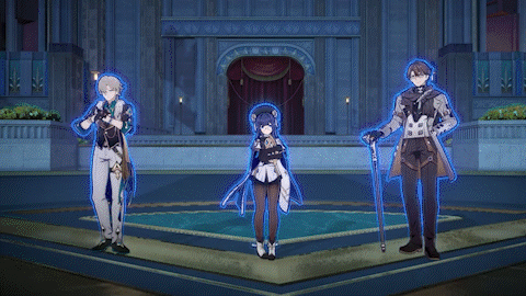 the image is a screenshot from the video game genshin impact. it shows three characters, likely the traveler (both aether and lumine versions are possible, but lumine appears to be the female traveler shown), standing in a grand palace interior. each character is outlined in a glowing blue light. they are dressed in formal, elegant attire. the scene appears to be a cutscene within the game. the setting is opulent and detailed, suggesting a highlevel area or event.