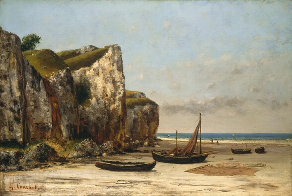 the painting depicts a landscape of a beach with cliffs. several boats are beached on the sand, including a sailing fishing boat with its sail partially unfurled. in the background, the sea meets the sky under a cloudy sky. on the left side of the painting, there are rocky cliffs covered with grass and sparse vegetation. the painting is signed "g. courbet" in the bottom left corner.