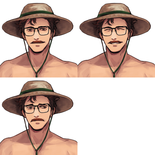 his image shows four different illustrations of a man's head and shoulders. the illustrations are very similar, each showing a man with brown hair, glasses, and a straw hat. the man is shirtless. the only difference is his facial expression which varies between a neutral expression, a slight smile, and a smirk. the background is black. the art style is painterly with soft shading and highlights.
