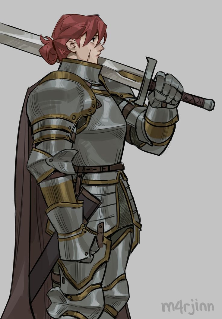 the image is a digital painting of a female knight in detailed plate armor. she has red hair pulled back in a loose bun and is seen in a side profile, holding a longsword across her shoulder. her armor is primarily silver/grey with gold accents and detailing. she wears a dark cape or cloak over her armor and stands in a confident pose. the art style is in the style of stylized realism with a focus on character design and armor detailing. the background is a simple muted grey.  the artist's signature "m4rjinn" is present in the bottom right corner.