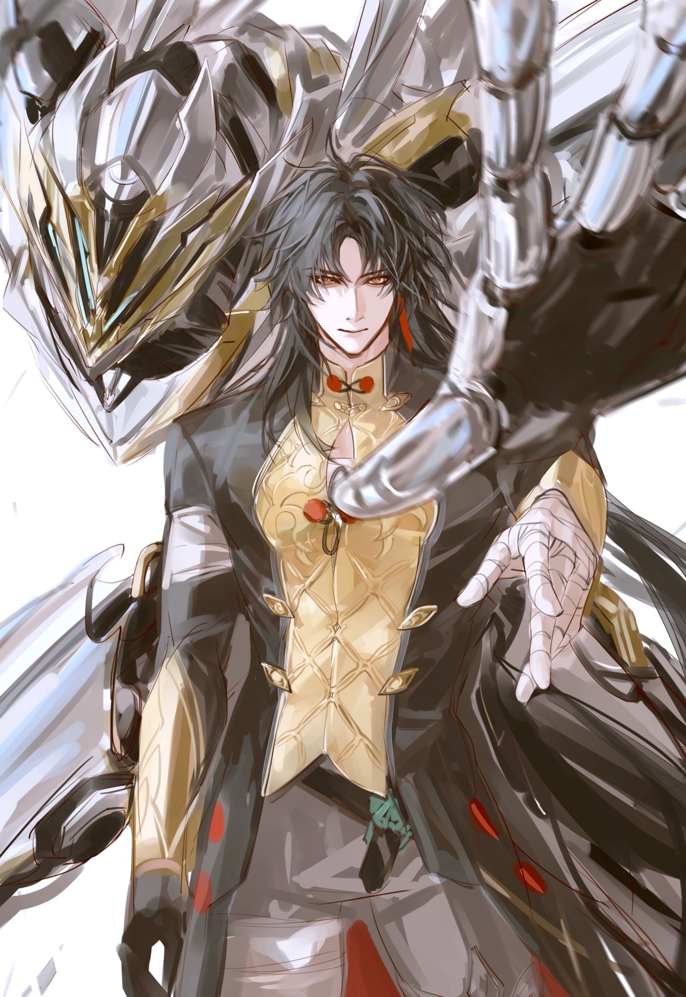 this is a digital art piece of a young male anime character with long, black hair and red eyes, wearing a gold and black outfit, holding a pose with his left hand open towards the viewer, while a mech robot hand is seen over his right arm. the background is a blur of white, grey and silver. the art style is dynamic and expressive. the character has a serious expression on his face, and the art piece conveys a sense of action and movement.