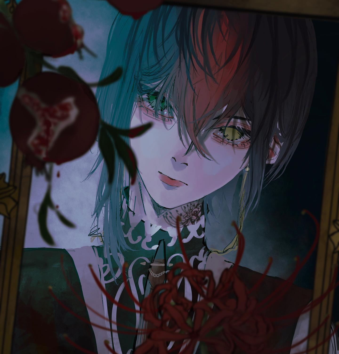the image is a digital painting or illustration in an anime style. it depicts a stylized female character with striking twotoned hair – half teal, half red – and intense, contrasting eyes (one green, one yellow). she has an ornate collar and appears to have a small tattoo on her neck.  she's presented in a darkly lit scene within a framed picture, with red spider lilies (lycoris radiata) prominently featured in the foreground, obscuring part of her body.  pomegranates and their leaves appear in the upper left corner, adding to the overall dark and slightly macabre aesthetic. the character's expression is serious and somewhat melancholic. the artistic style is detailed and emotive, creating a sense of mystery and intrigue.