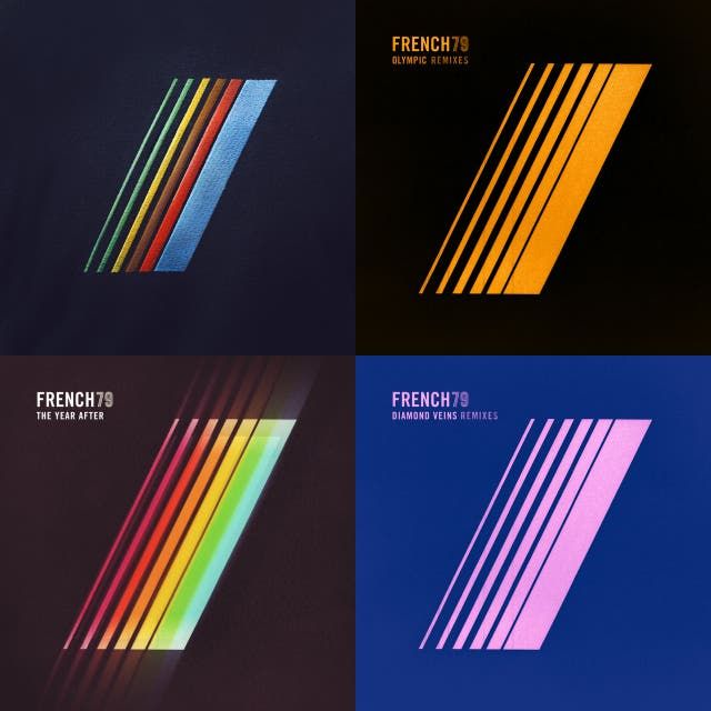 this image contains four album covers for the artist french79. each cover features a colorful striped design in different colors and a text overlay with the artist's name and album title. the covers are arranged in a grid with each cover occupying one quadrant. the covers are: french79  olympic remixes (orange), french79  the year after (rainbow), french79  diamond veins remixes (pink), and french79  unknown title (blue).