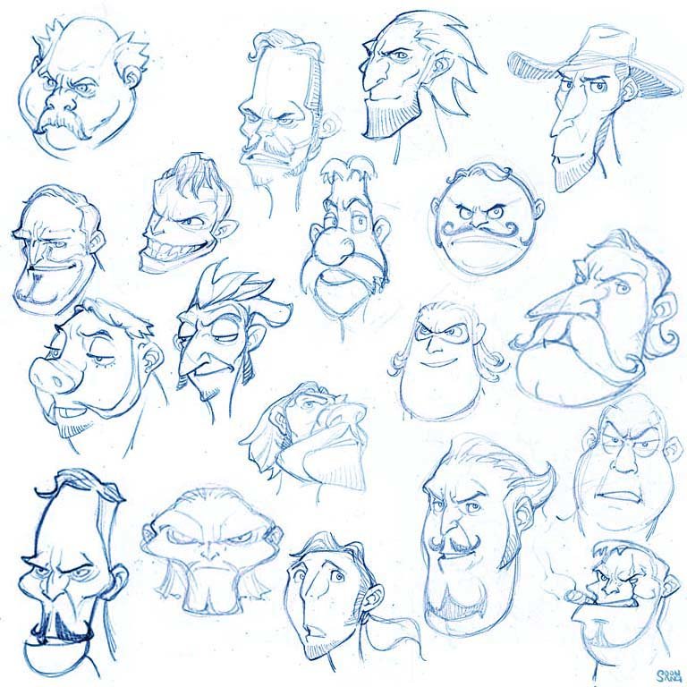 this is a collection of cartoon character sketches drawn in blue pencil. most of the characters are male and many have mustaches.