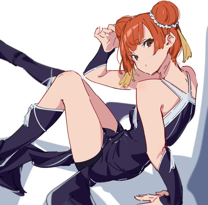 the image is an animestyle illustration of a girl with orange hair styled in two buns. she is wearing a short, dark blue dress with white trim and matching dark blue boots with white trim. she is sitting on a white surface, leaning back on one hand with her legs bent. she has a curious expression on her face, with her head tilted and eyes wide. the overall image has a soft, sketchy feel with muted colors.