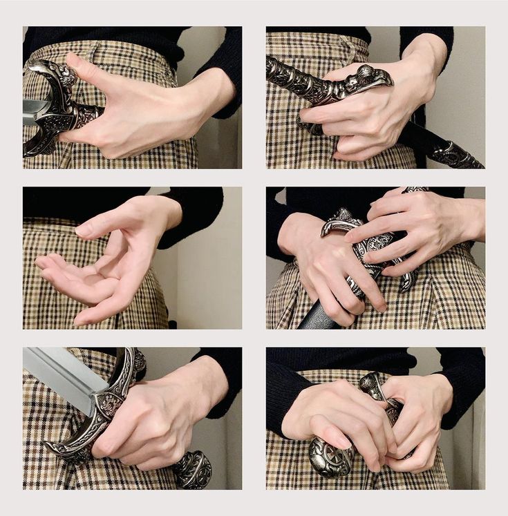 this image is a collection of six closeup photos of a person's hands holding and interacting with the hilt of a sword. the photos are arranged in a grid of two rows and three columns. each photo shows the hands in a slightly different position, highlighting the different ways the sword can be held. the hands are pale and wellmanicured, and the background is a simple, neutral color. the photos are welllit and in focus, and the details of the sword hilt are clearly visible. the photos have a strong, stylized aesthetic that could be suitable for a variety of purposes.