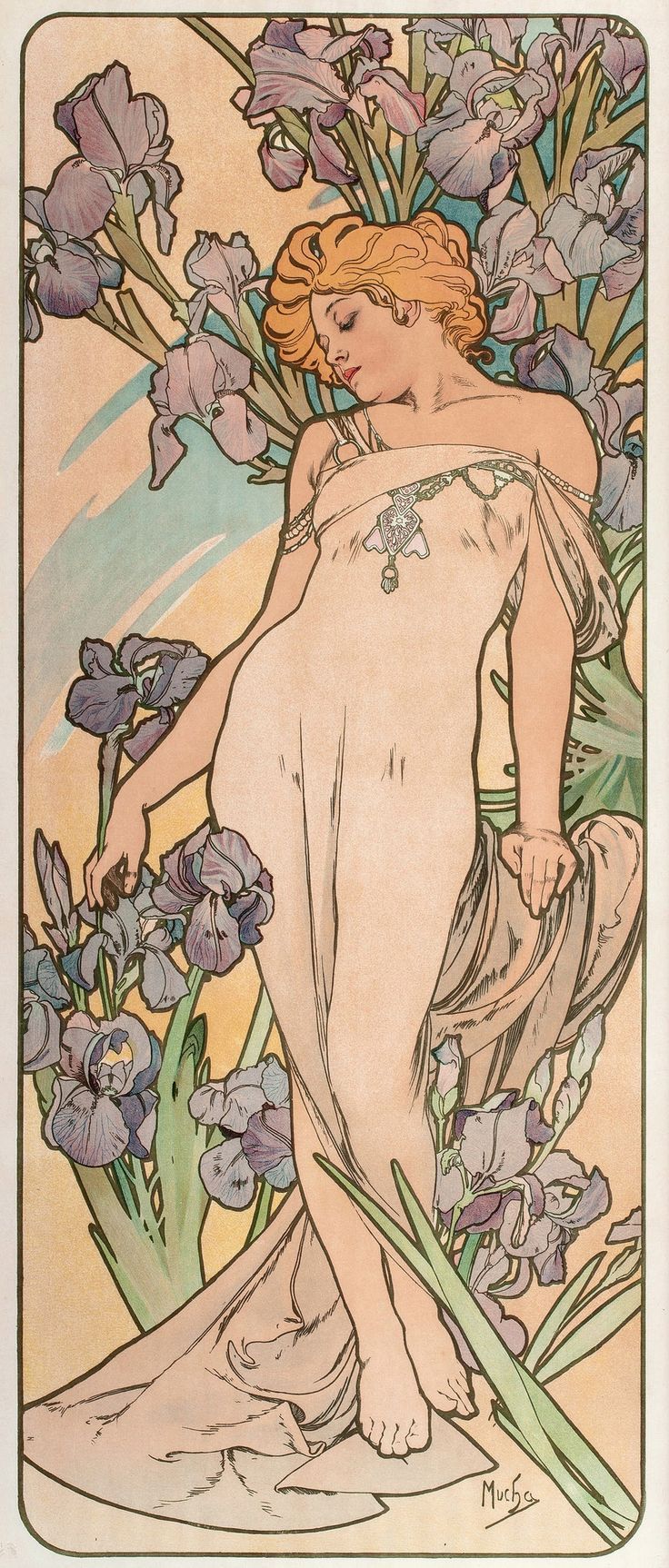 this is an art nouveau style poster by alphonse mucha, featuring a woman standing amidst irises. the woman has fair skin and reddishblonde hair, and she is wearing a flowing white garment with a decorative jewel. she is surrounded by blooming irises in shades of purple and blue, with green foliage. the background has a soft, gradient color palette of peach and blue. the overall style is elegant, ethereal, and decorative, characteristic of art nouveau. the artist's signature "mucha" is visible in the bottom right corner.