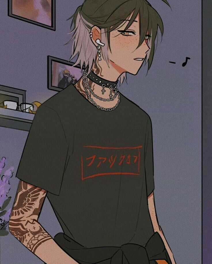 the image is a digital drawing of an animestyle boy. he has dark hair with streaks of lighter color,  freckles,  and several pieces of jewelry including a choker and multiple chain necklaces featuring crosses.  he is wearing a darkcolored tshirt with japanese text and has visible tattoos on his arm. he appears to be wearing earbuds. the background shows a portion of a room with picture frames and hints of other items. the overall style is trendy and leans toward an emo or alternative aesthetic.  the image has a slightly muted color palette. a small music note floats to the upper right of the character.