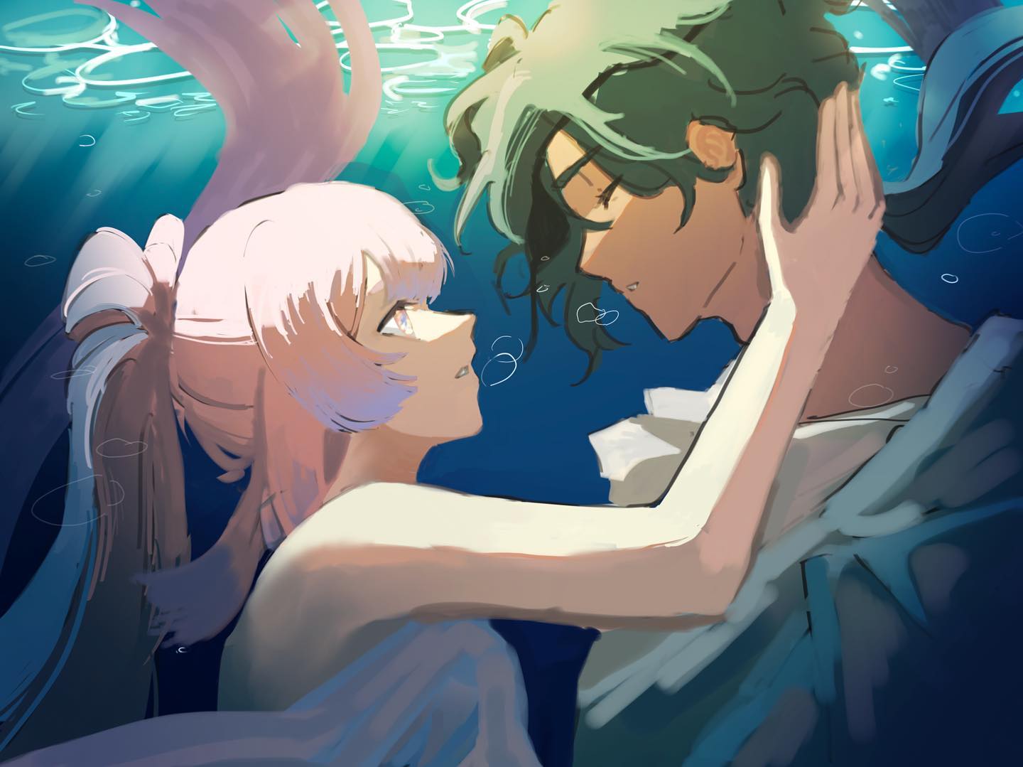 the image depicts a young man and a mermaid embracing underwater. the scene is intimate and romantic, with the couple gazing into each other's eyes. the lighting is soft and diffused, creating a dreamy and ethereal atmosphere. the color palette is cool and muted, with shades of blue, green, and pink dominating the image. the man has dark green hair and tan skin, while the mermaid has pale pink hair, light skin, and a flowing white tail. seaweed gently sways in the background, adding to the underwater ambiance.