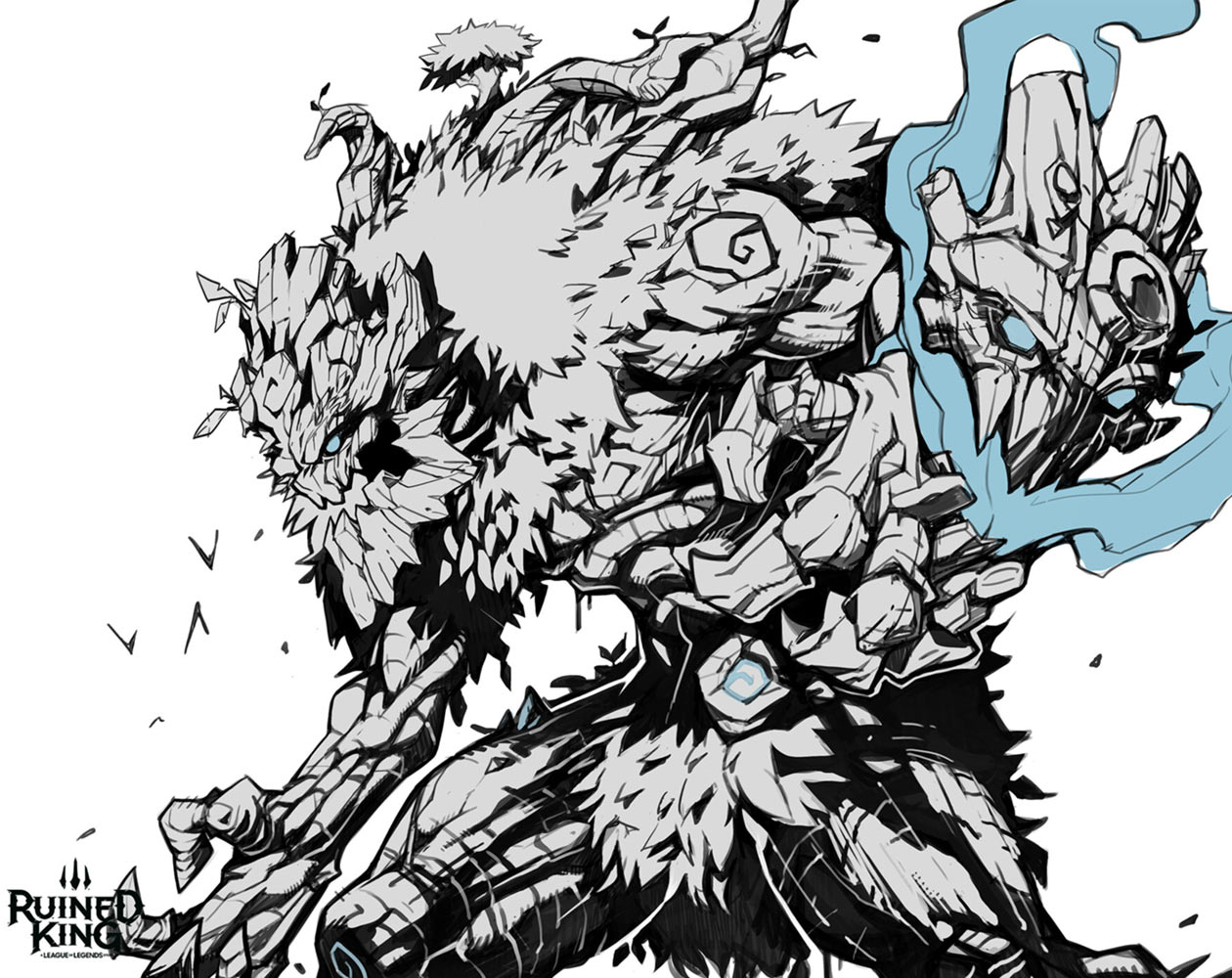 the image is a dynamic piece of concept art or promotional artwork likely from the video game ruined king: a league of legends story.  it depicts a large, powerful creature that seems to be a fusion of stone, wood, and perhaps even some sort of magical energy. the creature is heavily textured, with intricate details suggesting a rocky or wooden exoskeleton intertwined with fur or leafy elements. its pose is aggressive and suggests motion. a stylized light blue energy or magical effect trails behind part of the creature, adding to the fantastical nature of its design. the overall style is a combination of sketchlike lines and more polished shading and detailing, creating a dramatic and visually compelling effect. the ruined king logo is subtly placed in a corner.