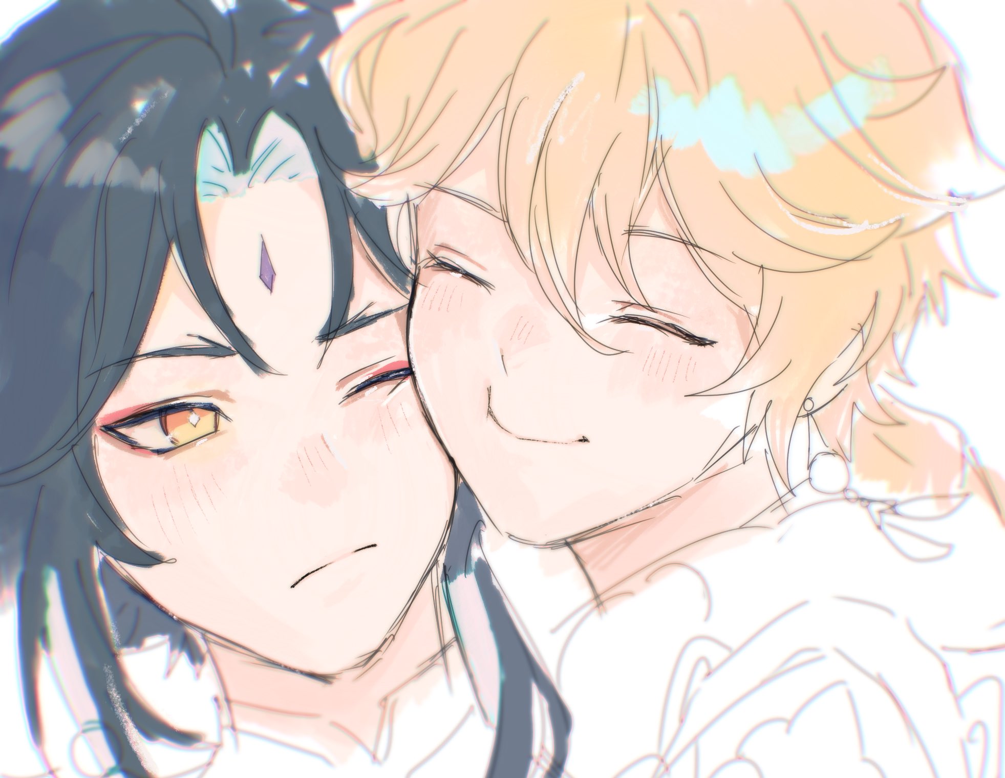 a closeup illustration of an anime couple, with the male character on the left and the female character on the right, both leaning in and looking happy and comfortable. the male has dark hair and a purple gem on his forehead while the female has blonde hair with a light blue strand on top. they are embracing each other, and their expressions are gentle and warm. the illustration has a soft, dreamy quality, and the characters look very much in love.