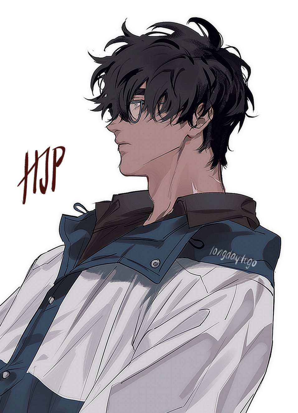 the image is a stylized portrait of a young animestyle male character. he has dark, somewhat messy hair that falls over his forehead, partially obscuring his face.  he's wearing round glasses and a light gray and dark blue jacket, which is shown in detail.  his expression is serious or thoughtful, and his gaze is directed off to the side. the art style is clean and slightly muted in color, with a focus on texture and shading to give a sense of depth and realism. the artist's signature or watermark, "longdaytogo," is subtly visible on the jacket.  the overall impression is one of quiet coolness and stylishness. there are also the letters "hjp" prominently displayed near the upper left corner.