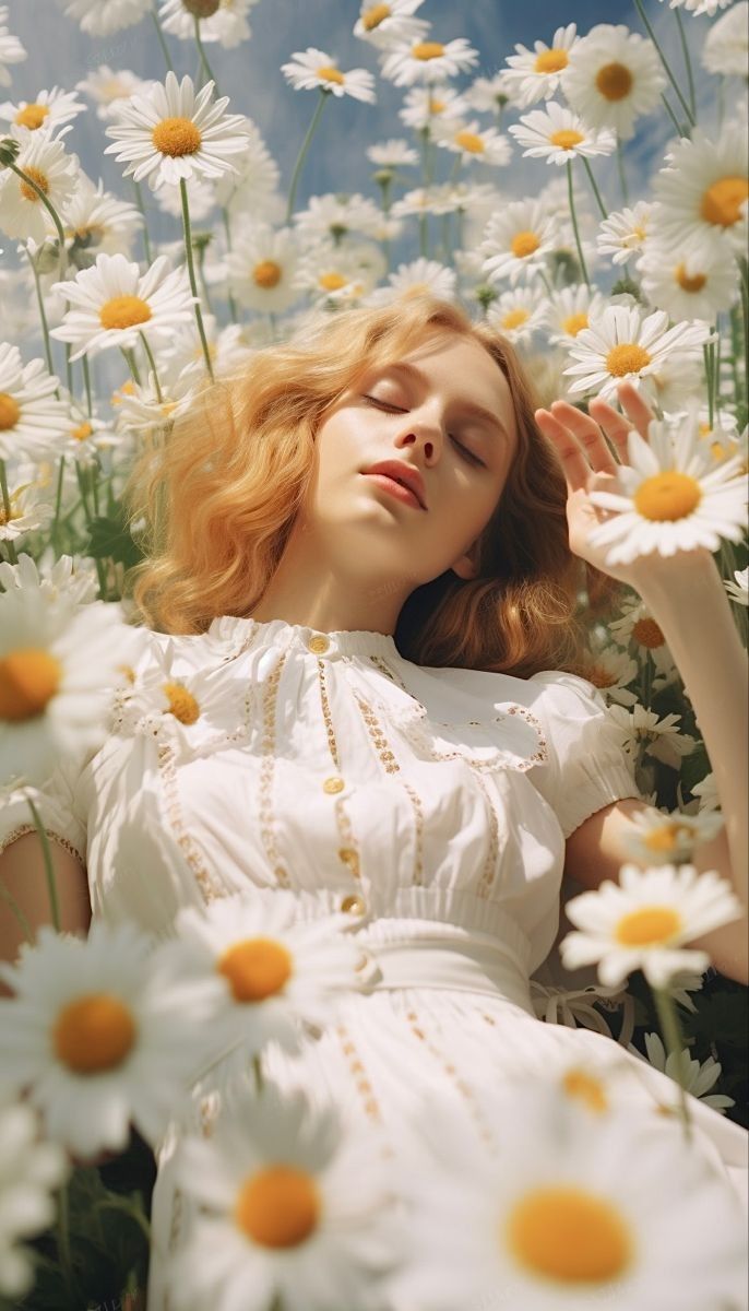 a young blonde woman with her eyes closed lies peacefully in a field of daisies. she wears a beautiful white dress with delicate embroidery. the sun shines brightly, illuminating the scene and creating a dreamy, romantic atmosphere. the image evokes feelings of serenity, innocence, and beauty.
