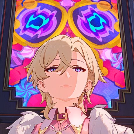 a portrait of the anime character albedo from the video game genshin impact. he is a young man with blonde hair, purple eyes, and white wings. he is wearing a pink shirt with a gold buckle and a gold chain. he is standing in front of a stained glass window with colorful patterns.