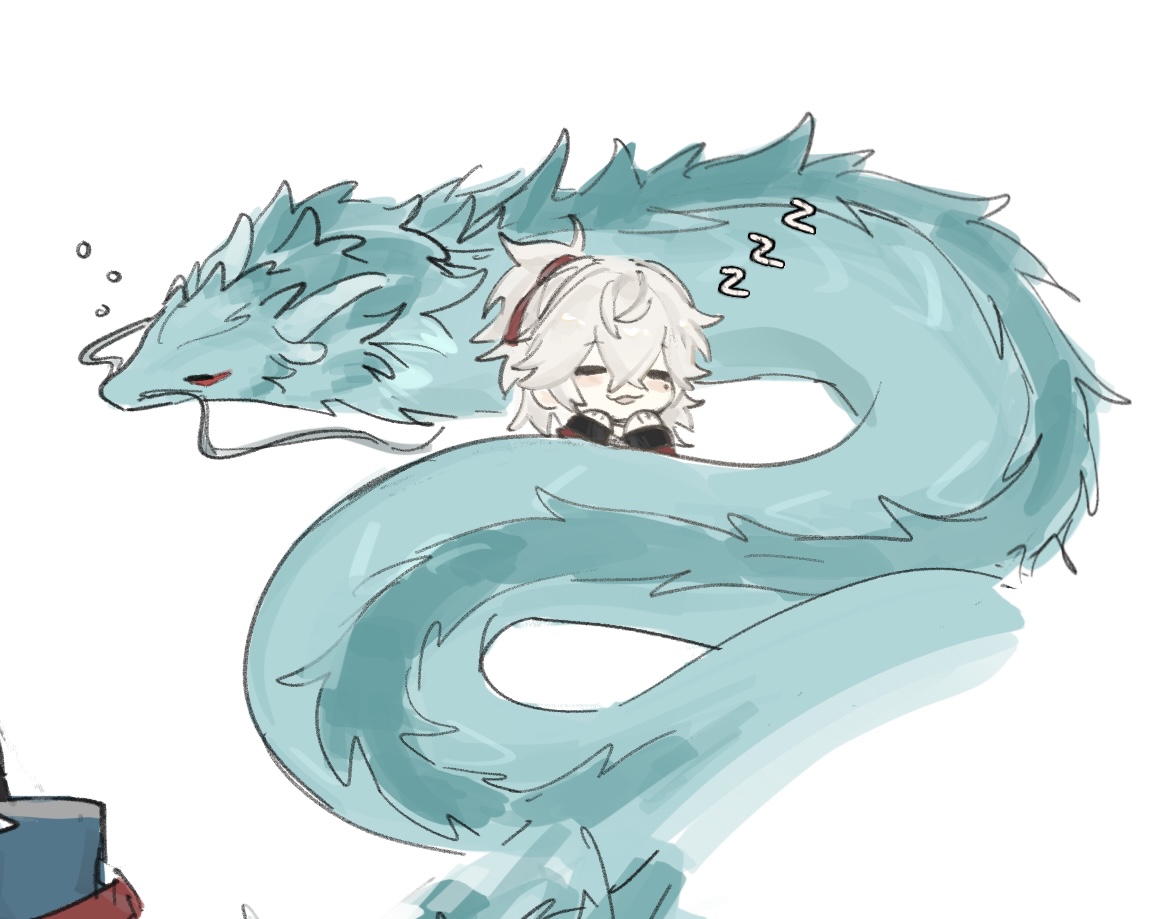 a light blue dragon is curled around a whitehaired anime character. the anime character is curled up and asleep while the dragon is curled around them. the dragon has a red eye that is open and staring at the viewer.  the character is wearing a red and white outfit. the image is drawn in a cute and stylized way.