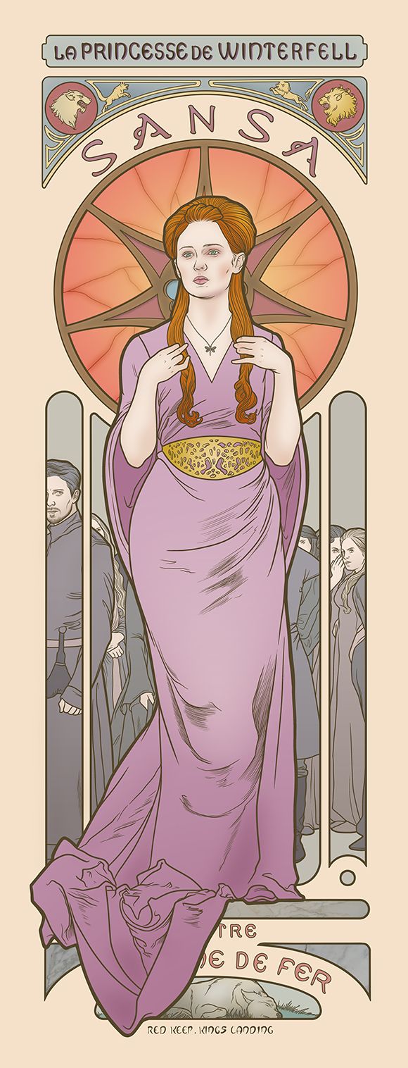 this is an art nouveau style illustration depicting sansa stark from game of thrones. she is centered against a starburst background and wears a long purple dress with a gold belt. the poster also features the words "la princesse de winterfell" and "sansa" at the top. the iron throne is at the bottom and the location is noted as red keep, kings landing. several characters appear around her. the style of the poster is reminiscent of early 20thcentury advertisements.
