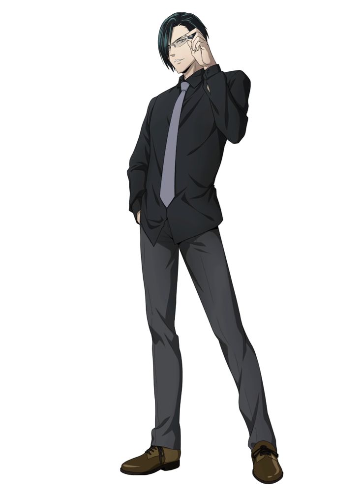 an anime character in a black suit, a black tie, and grey pants is standing with his left hand on his hip and his right hand adjusting his glasses. he is looking at something to the left of the frame. his hair is dark and he is wearing brown shoes.