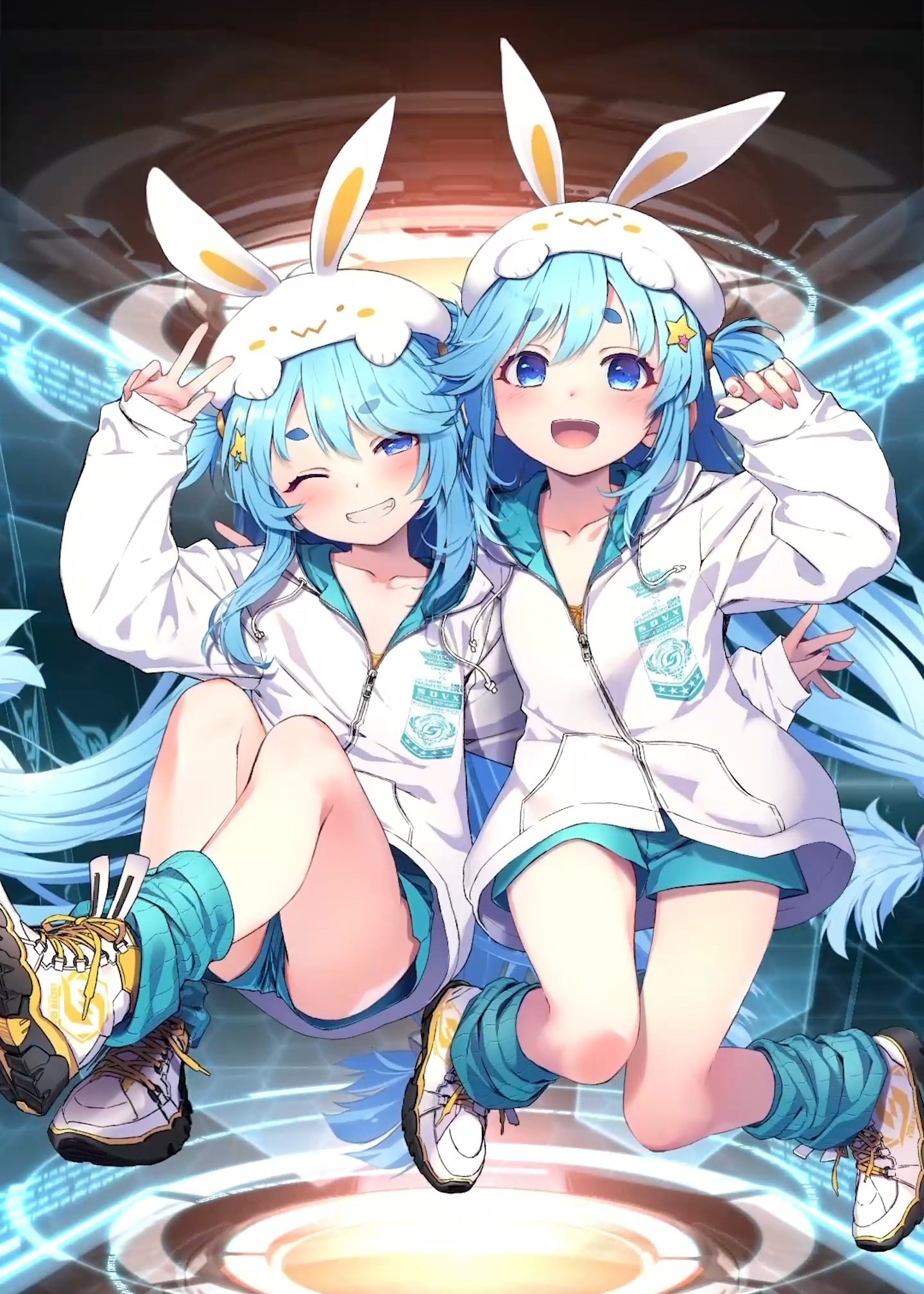 the image showcases two animestyle twin girls. they are identical in appearance, with long, bright blue hair, wearing matching white hoodies with teal accents and bunnyeared headbands.  their attire includes teal leg warmers and sporty yellow and white shoes. both girls are smiling and making a peace sign with their fingers. the background suggests a futuristic or technological setting with glowing blue circles and lines. the overall style is vibrant and energetic, giving a playful and happy impression.  the art style points towards a video game character design or fanart.