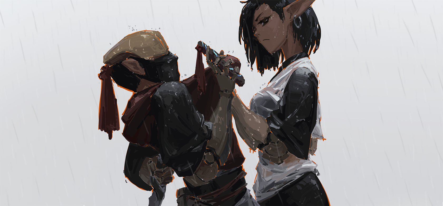 the digital painting shows two figures, seemingly an elf woman and a hooded figure, possibly a human male, standing close together in the rain. the elf woman, with dark skin and short black hair, has pointed ears and is wearing a casual, loosefitting shirt and pants. she appears stern and serious. the hooded figure is mostly obscured, with only parts of their clothing and a hint of a face visible.  they are holding what looks like a sword or weapon. the overall mood is dark, mysterious, and atmospheric, enhanced by the grey background and the rain. the painting has a painterly style, with visible brushstrokes that add to its texture. the scene seems to depict some sort of interaction or story between the two characters.