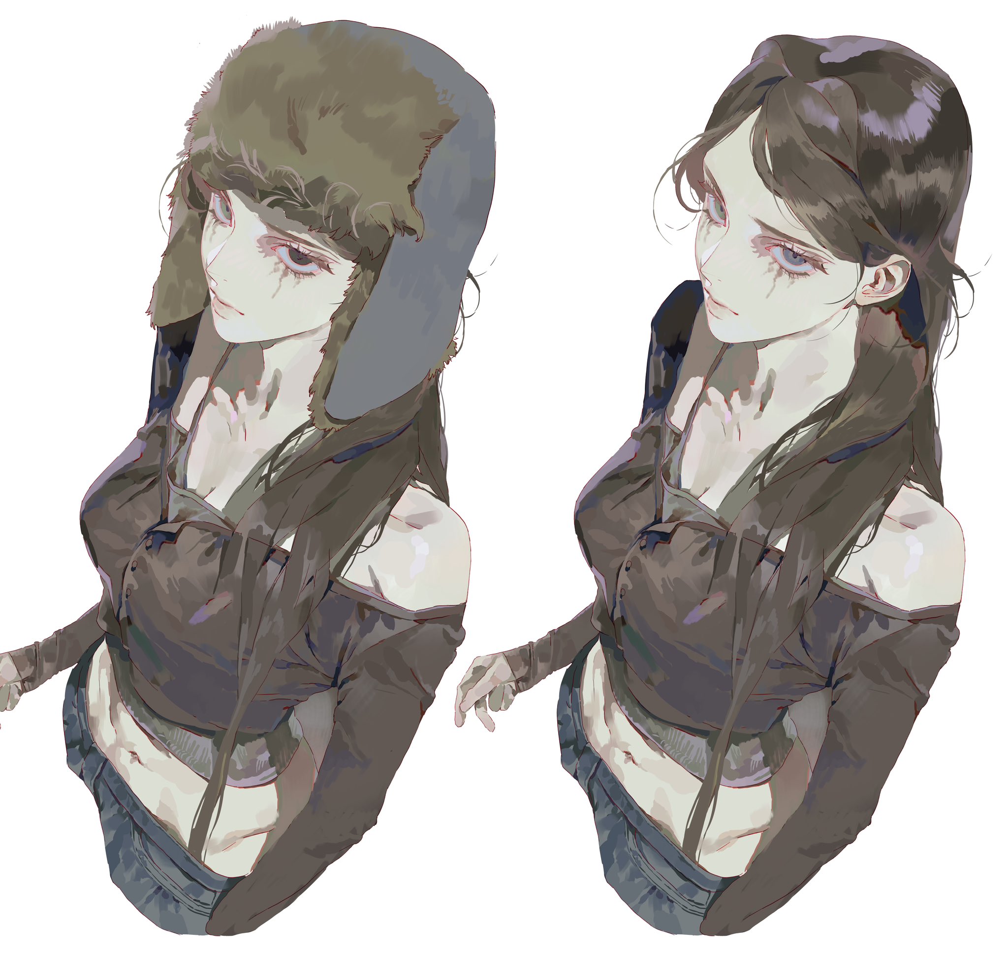 the image features two identical depictions of an anime girl in a semirealistic style. the girl has a pale complexion, long dark hair, and notable dark circles under her eyes. she is wearing a longsleeved, offtheshoulder top and lowrise denim jeans. the figure on the left is wearing a furry winter hat with ear flaps. the girl is positioned in a threequarter side view, angled slightly upwards. the overall style resembles a fashion illustration.