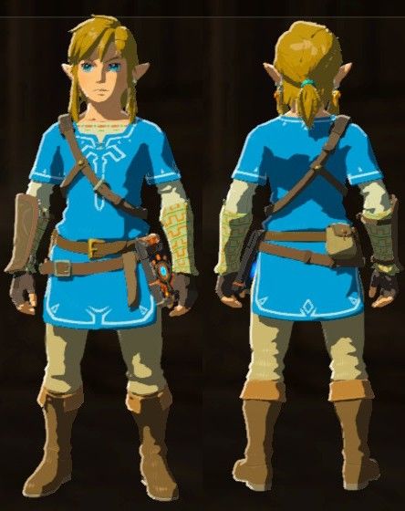the image shows link, the protagonist of the video game the legend of zelda: breath of the wild, in his iconic champion's tunic. the image presents two views of the character  a slightly angled front view and a rear view, both showcasing the character's outfit and equipment in detail.