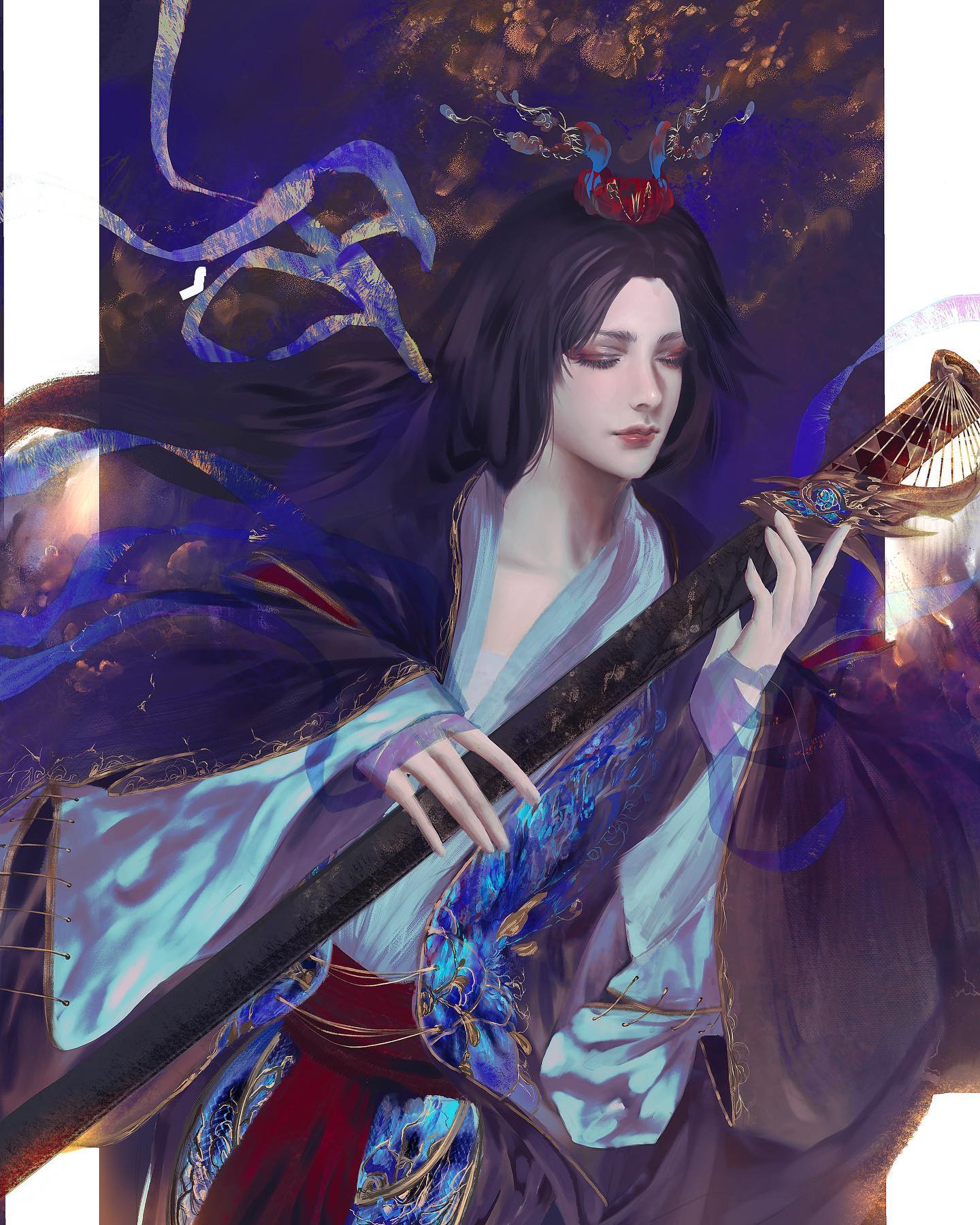 a digital painting of a young man with long dark hair, dressed in flowing blue and white robes with gold accents. he holds an ornate sword with a blue and gold hilt, his eyes closed as if in contemplation. the background is a swirl of deep blues and purples, suggesting a night sky or a mystical realm. the lighting is soft and ethereal, highlighting the subject and creating a sense of serenity and otherworldliness.