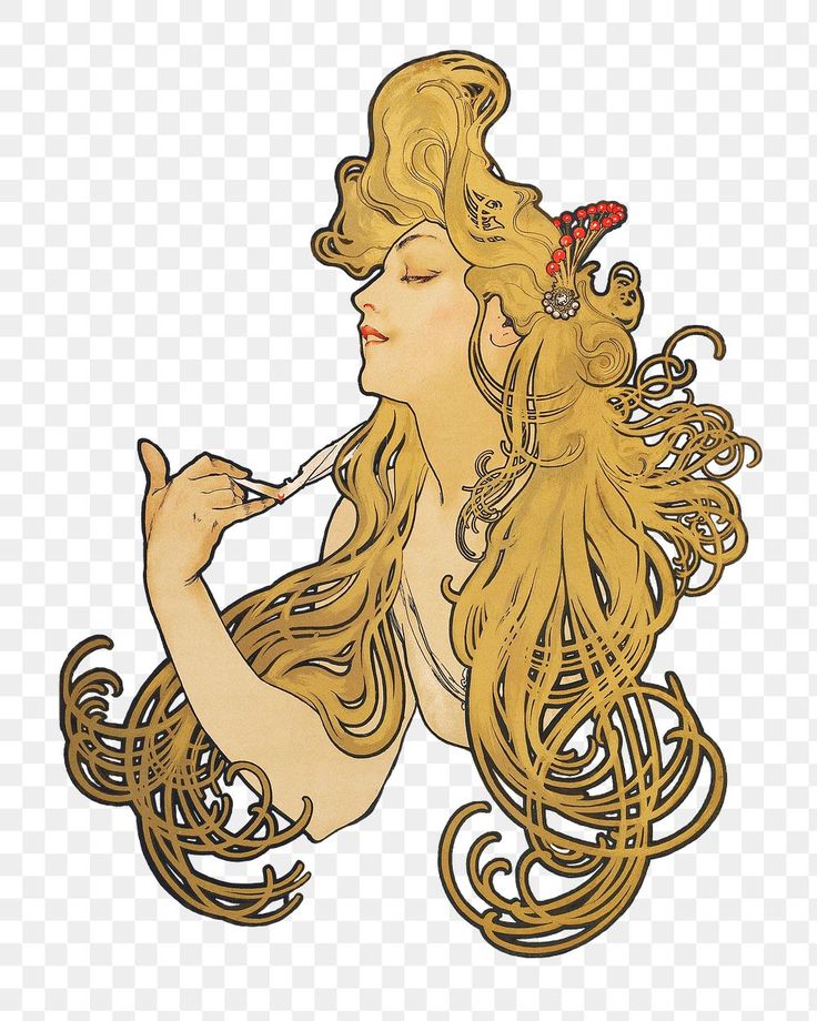a beautiful art nouveau illustration of a woman with long flowing golden hair and a feather in her hand.  she is wearing an elegant dress and has a serene expression. the woman is depicted in a very decorative style. the entire image is done in a warm palette with golds and yellows.