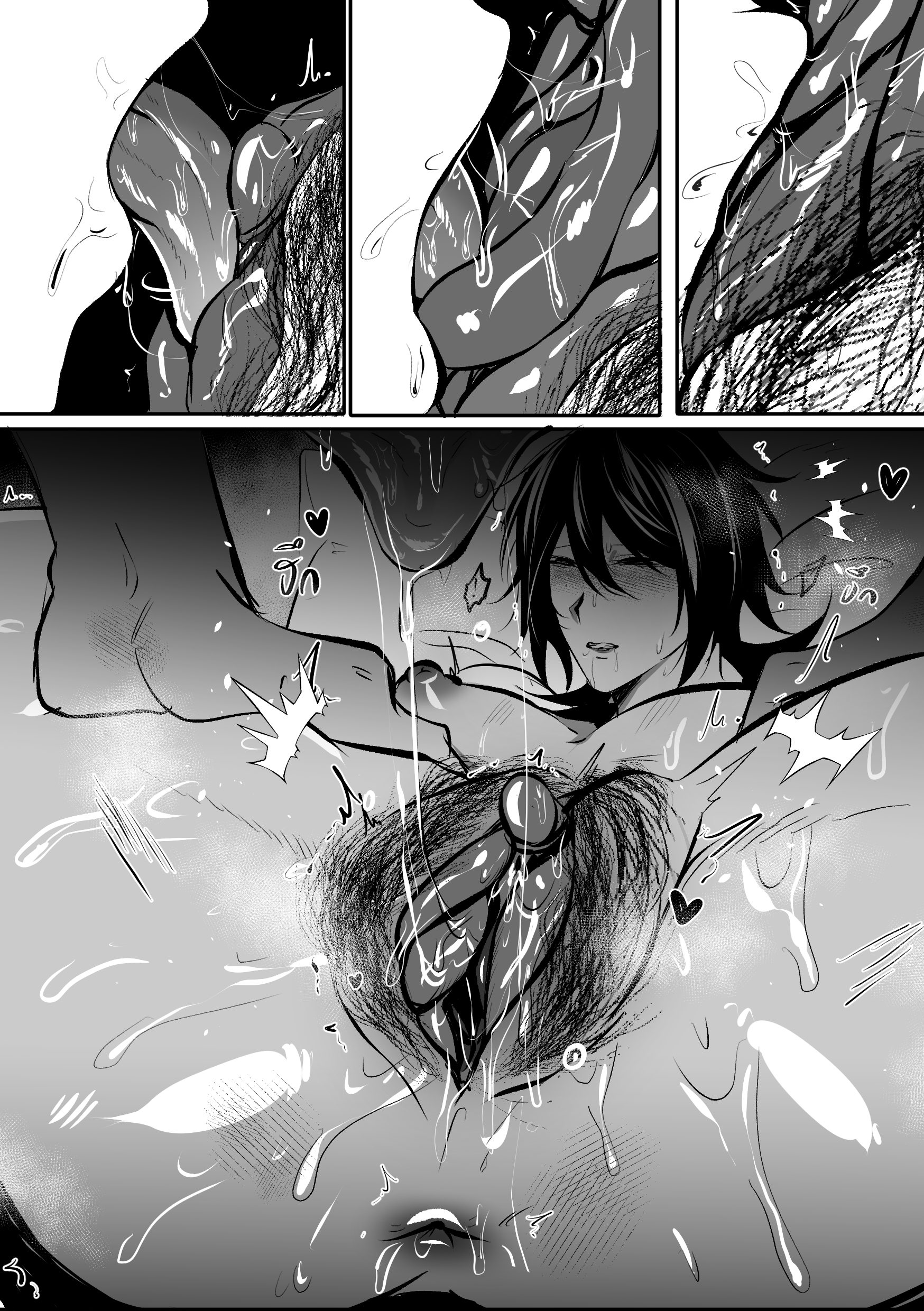 he image is a black and white mangastyle illustration depicting a graphic sexual encounter between a male and female character. the style is highly detailed with strong contrasts and suggestive imagery. the scene is depicted with explicit detail including body fluids and penetration. the artwork is emotionally charged and intense. the overall tone is erotic and sensual.