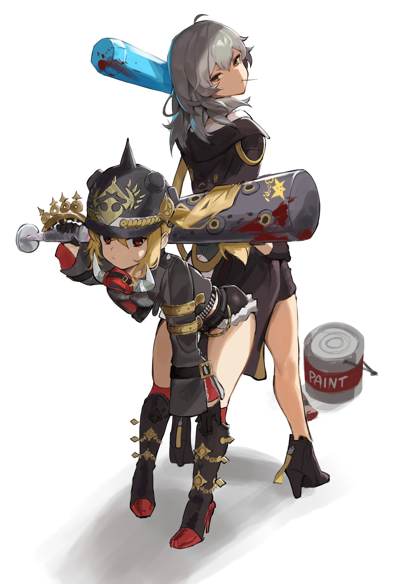 two anime girls are standing and holding bats with a can of paint on the ground. the girl on the left is wearing a black and gold outfit with a red helmet, she is holding a baseball bat and is looking away with a smile. the girl on the right is wearing a black and white outfit and a black hat, she is holding a bat and is looking at the camera with a neutral expression.