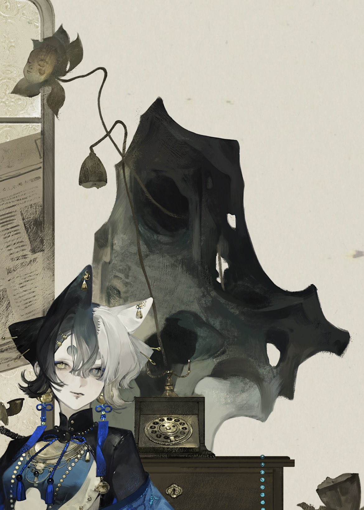 a closeup view of a digitally painted anime girl with black and white cat ears. she is wearing a black and blue kimonolike outfit with ornate jewelry. in the background is a vintage rotary phone with a large, elaborate, and ornate design. there is also an interesting organic structure in the background with dark green and gray colors, it resembles a plant with leaves that are curled up. the image has a light gray background and soft, painterly brushstrokes.