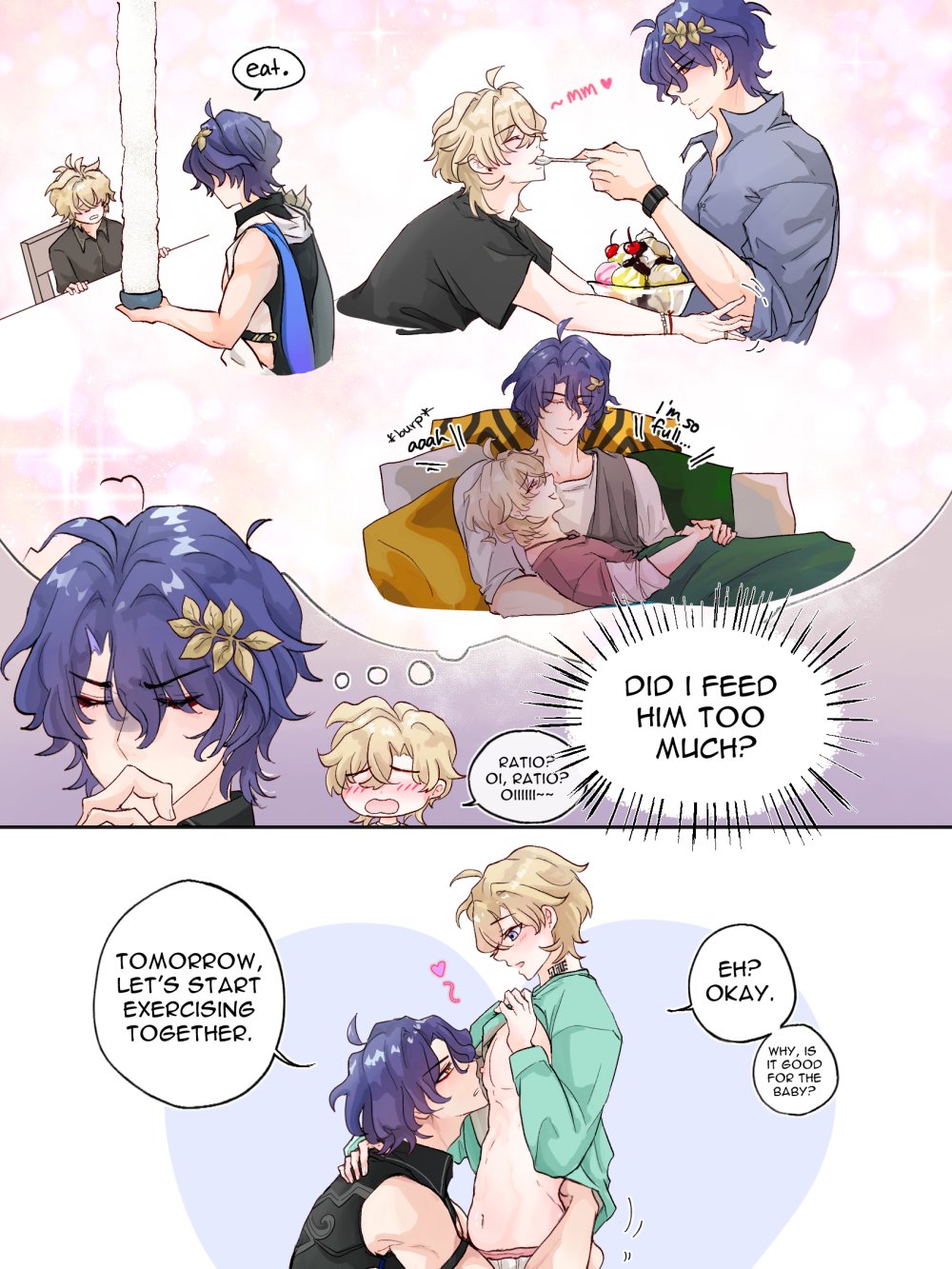he image is a collection of comic panels depicting a heartwarming and slightly humorous story about a couple. the art style is reminiscent of anime and manga, with soft lines and pastel colors.  several panels show the couple engaging in sweet interactions, such as sharing ice cream and expressing concern over feeding one another too much.  other panels showcase them making plans to exercise together.  the overall tone is lighthearted and affectionate, focusing on the intimacy and love between the characters.  the style is stylized and cute, leaning toward a chibi aesthetic in some instances.