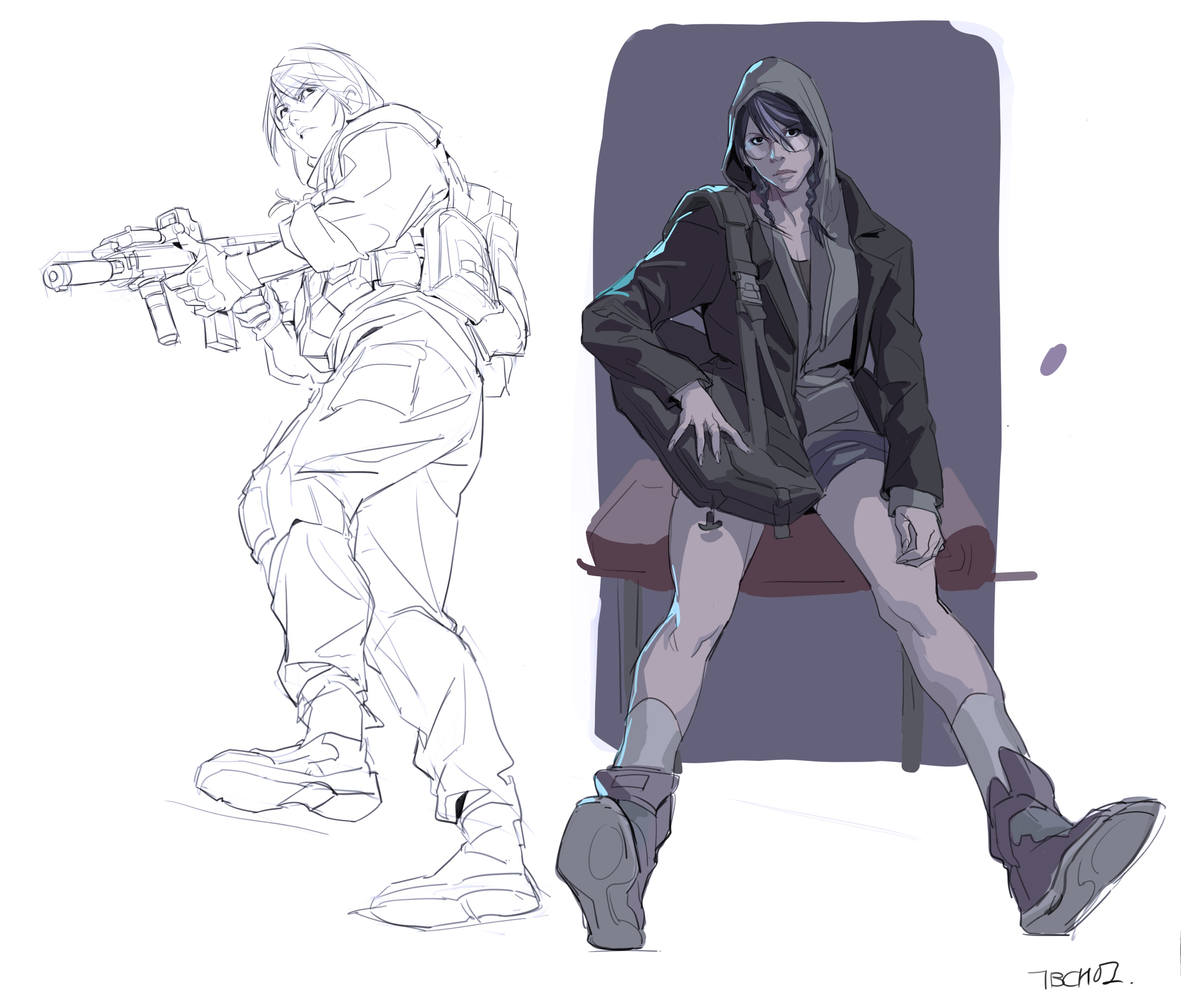 the image contains a digital illustration showing two versions of a female character. on the left, a line drawing of a female soldier in tactical gear is shown holding a rifle. on the right, a colored illustration shows the same female character in more casual clothing, sitting on a bench. both images showcase a dynamic pose and detailed character design. the style is a mix of realism and stylized anime influences.