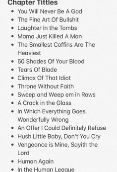 a list of chapter titles for a book. the titles are dark and edgy, suggesting a story with themes of violence, revenge, and the supernatural.