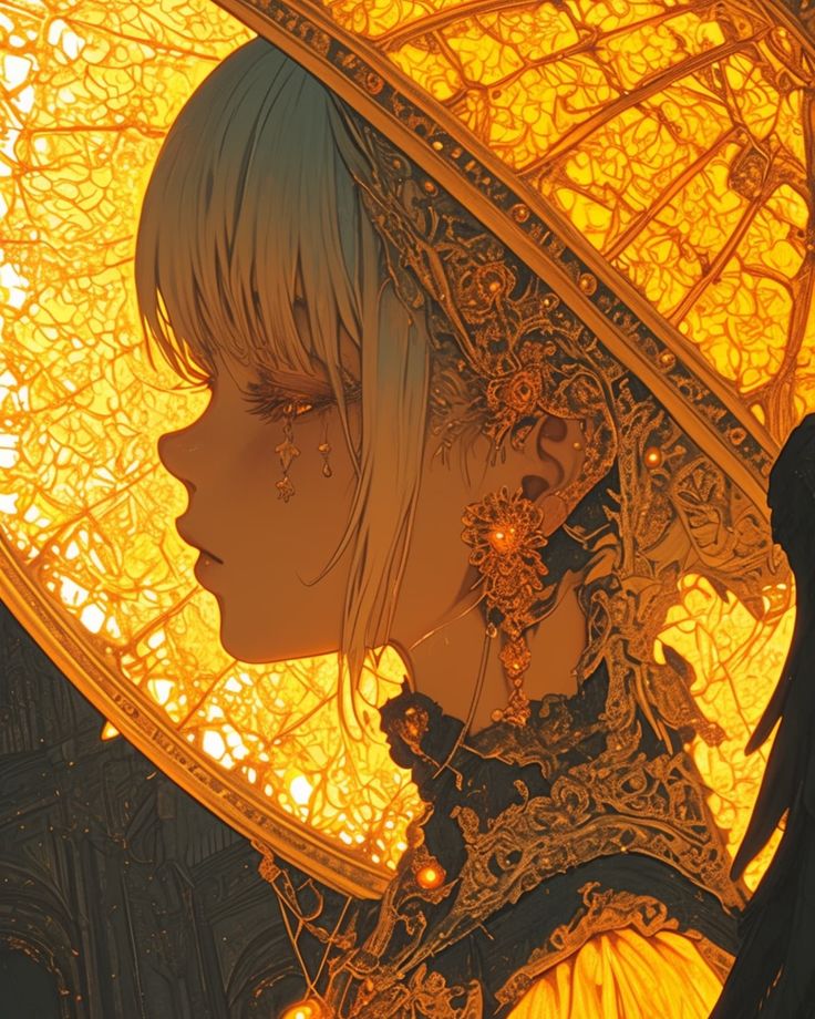 the image is a digital illustration or artwork depicting a young woman, possibly an anime or fantasy character. she is in profile view, facing to the left, with long, white or light blonde hair. she appears to be wearing a large, ornate hat or hood, heavily detailed with golden patterns reminiscent of stained glass or art nouveau/art deco design.  the hat's warm golden glow illuminates her face, and the overall color scheme is rich oranges and yellows.  she's dressed in a dark dress with golden embellishments that match the detail on her headpiece.  she has delicate golden earrings and a pendant.  tears are visible on her cheek, suggesting sadness or melancholy. the background is dark and indistinct, emphasizing the illuminated figure in the foreground.  the style is highly detailed and intricate, conveying a sense of both elegance and a slightly mystical or gothic feel.