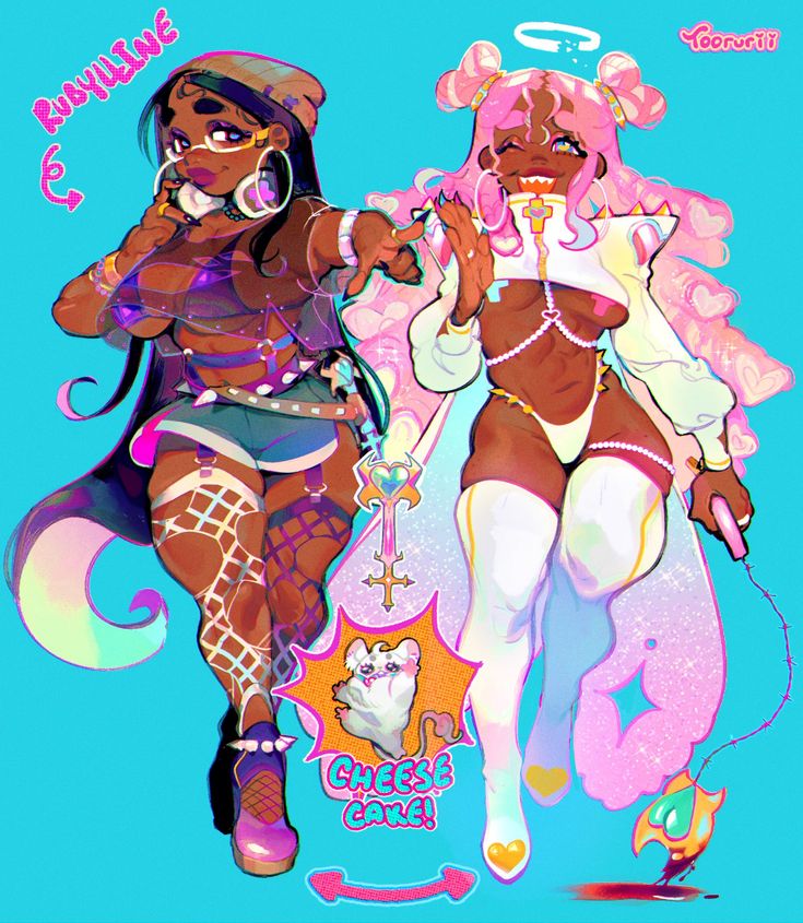 the image is a digital illustration of two anime girls. one is dressed in a dark and edgy outfit, with black hair and a red and black outfit with thighhighs. the other is dressed in a more angelic white and pink outfit with a halo, long white stockings and a pair of white boots.  both are shown in a playful pose and are surrounded by colorful light effects. the background is a blue, cyan and turquoise gradient.