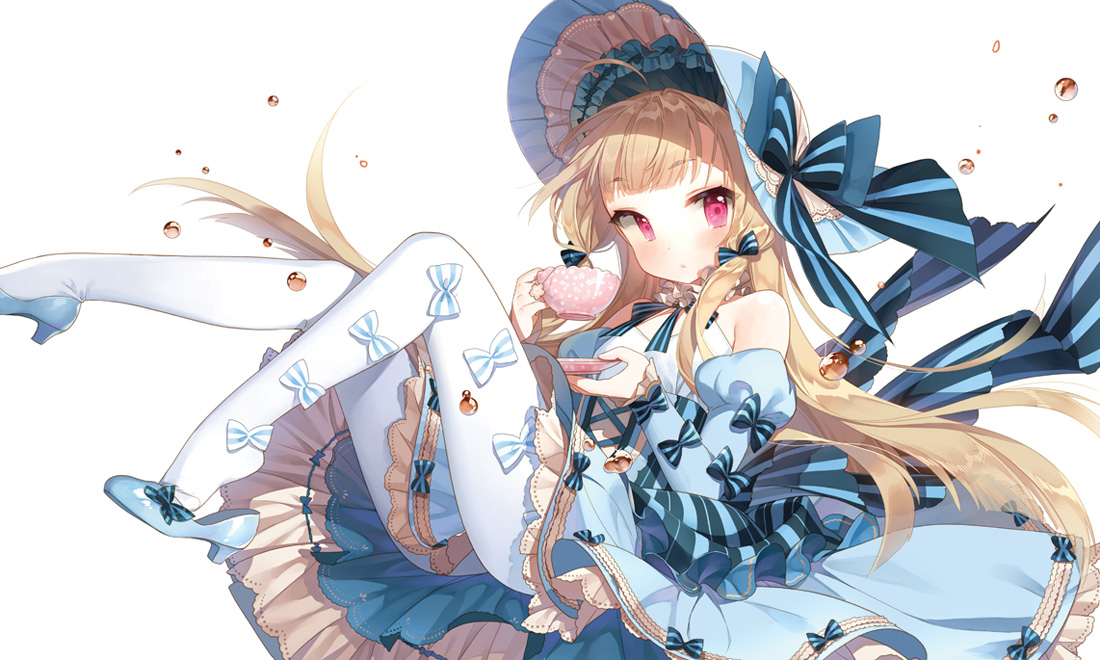 the image shows a young anime girl with long blonde hair and red eyes, floating gracefully. she is dressed in a lovely blue and white dress with numerous bows and ribbons.  she wears a matching hat adorned with a large blue bow. she has a delicate teacup in her hands, suggesting a moment of peaceful enjoyment. her pose is relaxed, with her legs crossed and her head tilted slightly. the overall aesthetic is soft and whimsical, emphasized by the pastel color palette and soft lighting.