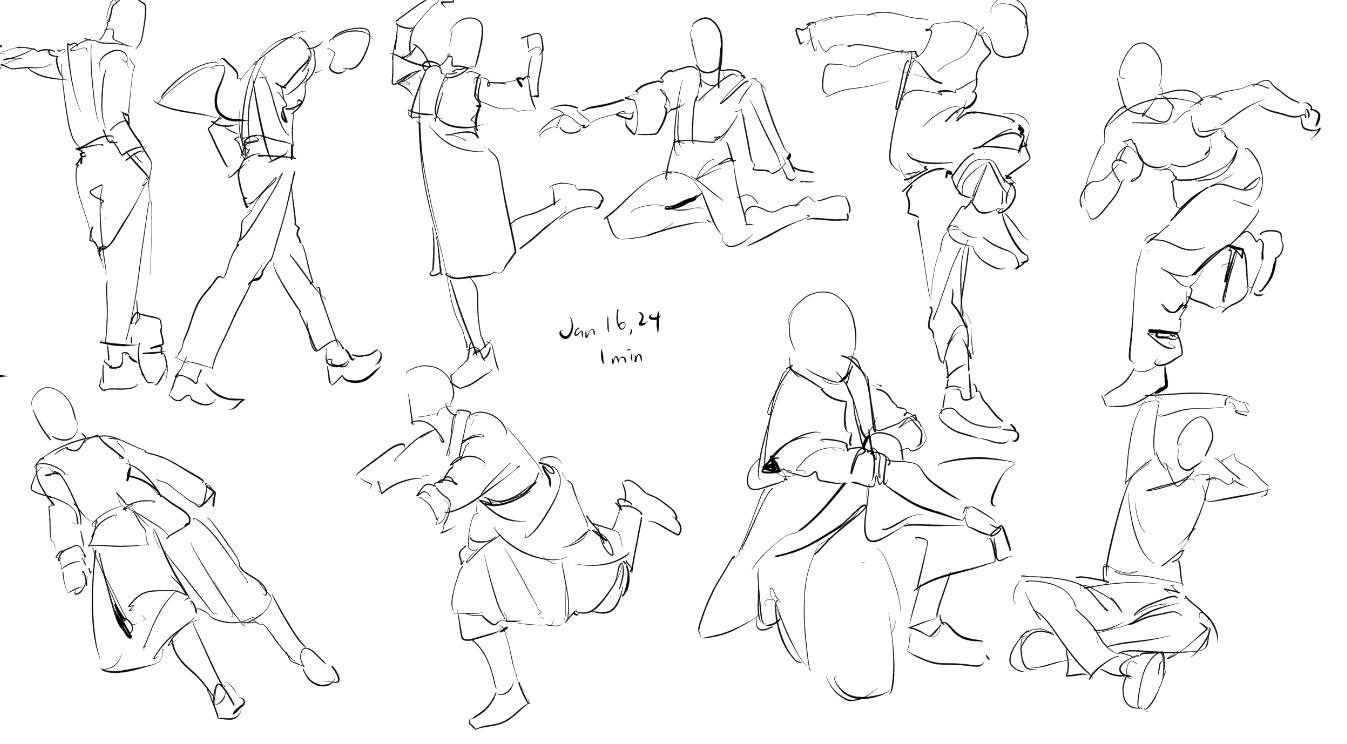 the image contains a collection of 12 quick gesture drawings of human figures in various poses.  the sketches are done in a loose, expressive style with minimal detail, focusing on capturing the movement and overall form of the body.  the poses range from dynamic actions (jumping, running) to more relaxed postures (sitting, standing).  each figure is simply rendered with lines, suggesting clothing but without intricate details of the garments. the style suggests a practice exercise, possibly done during a life drawing session, indicated by the date "jan 16, 24" and "1 min" written on the page, implying each drawing took about a minute to complete.