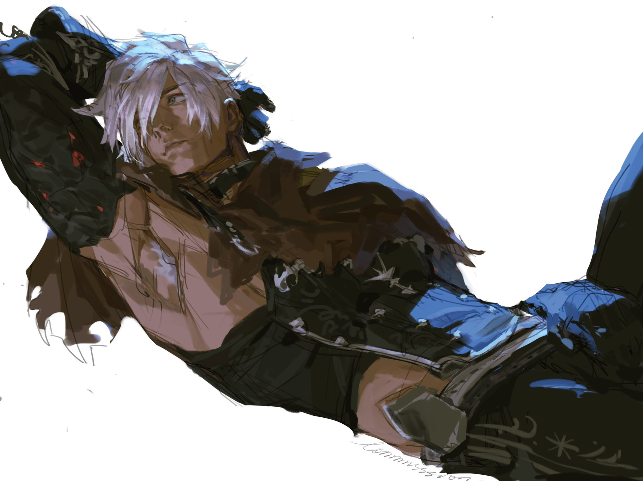 a digital illustration of a male anime character with white hair, blue eyes and muscular build. he is wearing leather armor and a blue and black clothing. he is lying down on a white background with a relaxed expression. the image is welldrawn and detailed.