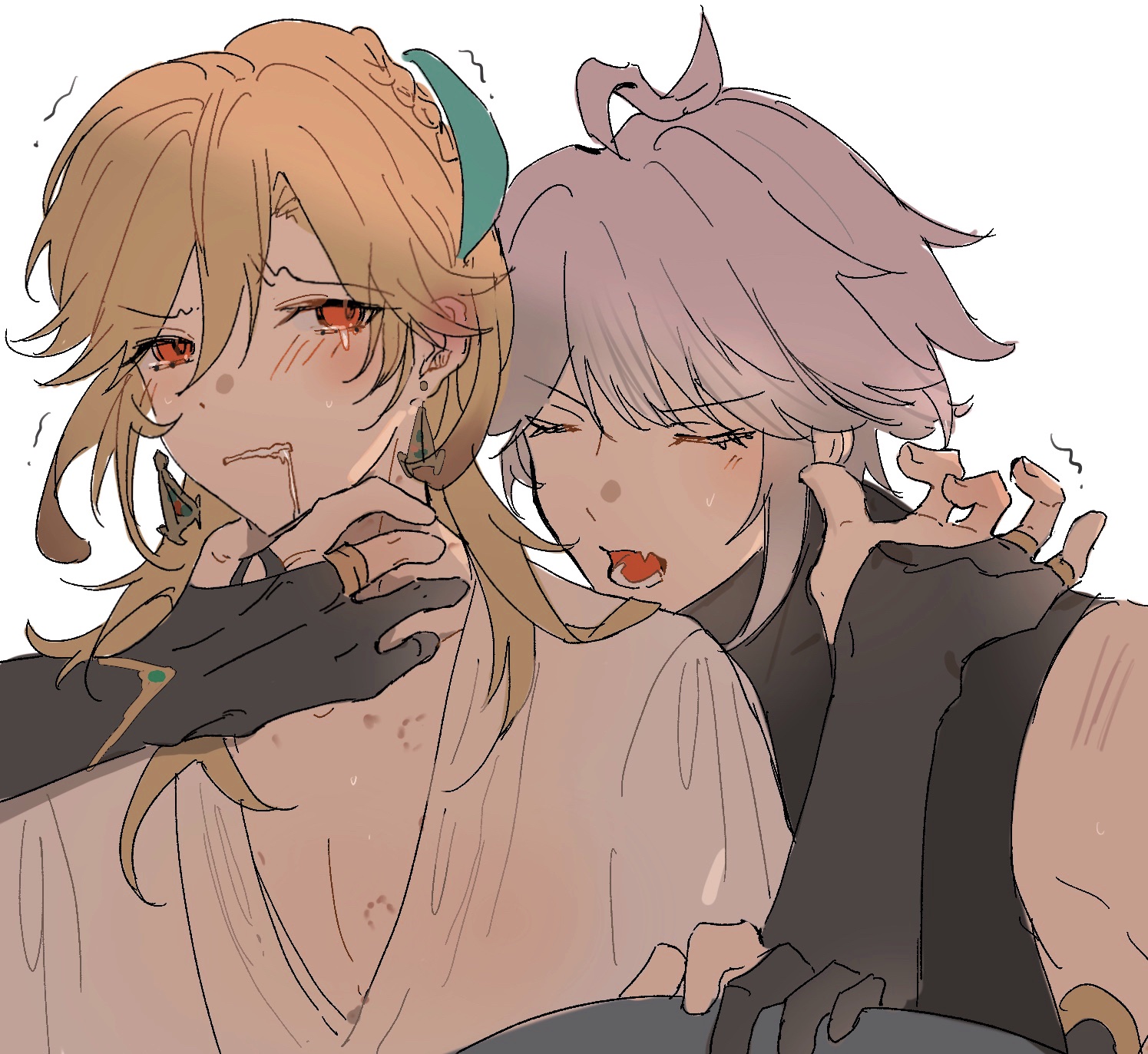 this is a digital illustration of two anime boys, albedo and xiao from the game genshin impact. albedo is blushing and has his arm around xiao. xiao's mouth is open and he looks happy.  albedo is wearing a white shirt with a black sleeve and xiao is wearing a black shirt with a grey sleeve. they both appear to be very close to each other and there is a feeling of love and affection between them.
