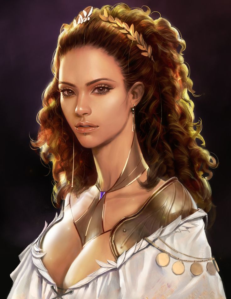 the image is a digital painting of a beautiful, fantasystyled woman.  she has long, curly auburn hair adorned with a golden laurel wreath. her attire blends ancient greek/roman influences with elements of fantasy armor.  she wears a white, flowing dress, partially covered by a light gold breastplate and pauldrons.  she also wears gold earrings and a necklace with a small purple gemstone. her expression is serious and regal, and the lighting is dramatic, highlighting her features and the details of her clothing and accessories. the background is dark and blurry, keeping the focus firmly on the woman herself.  the overall style is highly detailed and realistic, while still maintaining a fantastical feel.