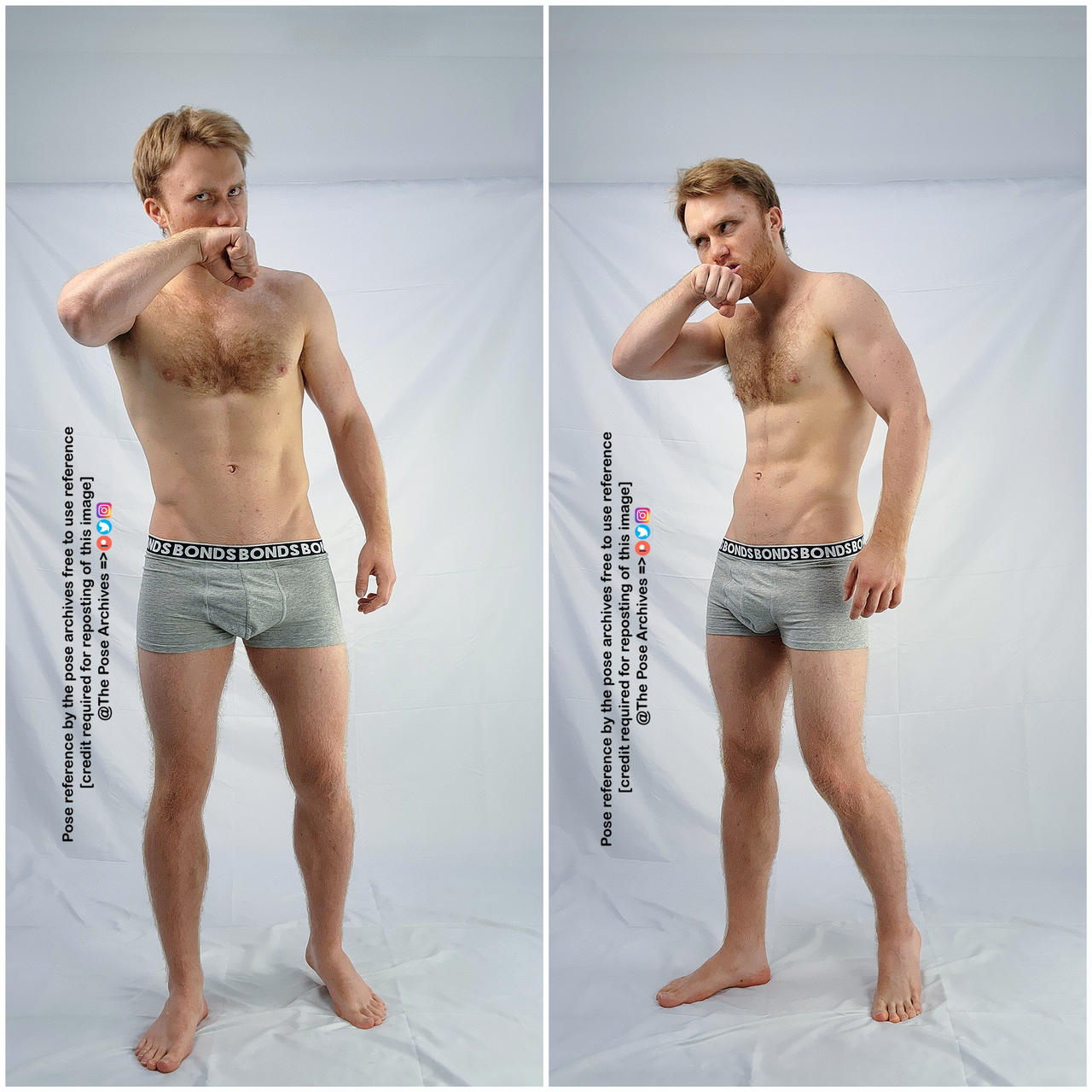 a shirtless caucasian male model with short red hair wearing grey underwear is standing against a white background in two similar poses. the model is positioned slightly offcenter in both photographs, and his body is angled slightly to the right in both photographs. he is looking directly at the camera and has his right hand raised to his face in both photographs. his facial expressions are slightly different between the two photographs.