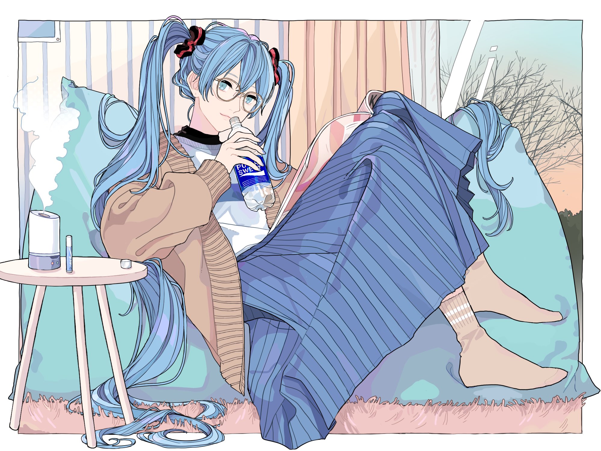 a cartoon image shows the anime character hatsune miku with lightblue pigtails wearing glasses, a cardigan, and a striped skirt, sitting on a couch drinking from a bottle of water, with a diffuser on a table beside her. a window shows trees in the background.